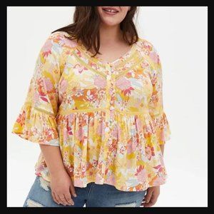 Torrid Button Down Floral Peplum Blouse Top | Yellow Pink White | Size 2X